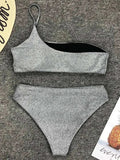 Sexy Shiny Sparkling One Shoulder Bikini Female Swimsuit Women Swimwear Two-pieces Bikini Set High Waist Bathing Suit Swim Lady