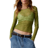 Sexy Lace Hot Girl Crop Tops Fashion Women Spring Autumn Long Sleeve Slim Fit Sheer T-Shirts Casual Streetwear Solid Basic Tees