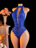 Adult Deep V-neck Hanging Neck Lace Flower Print Lingerie Solid Color Knitted Sexy Backless Underwear Women's Jumpsuit Clothing