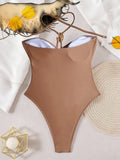 2026 Summer Women's One-piece Suit Swimwear Sexy Hollow Out Neck Lace-up Bodysuit Beachwear High Waist Push Up Bathing Suits