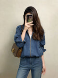 Spring denim shirt petite short denim lapel jacket
