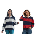 Women Long Sleeve Spring Fall Lapel Collar T-shirts Striped Contrast Color Loose Pullovers Streetwear Tops