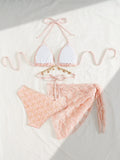 DEKA Pink Bikini Set Women Sexy 3-Piece Swimsuit Metal Chain Satin Female Swimwear New Fashion Korean Bathing Beachwear Holiday