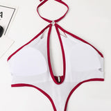 Solid Color One Piece Swimsuit Women 2026 Sexy Hollow Out Pearl Chain Bikini Halter Backless Thong Swimwear Beach Bathing Suit