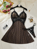 Women Leopard Print Lace Lingerie Nightgown Set Sheer Mesh Slip Dress With Thong Intimate Sleepwear ZA825233