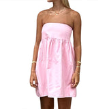 Women Sleeveless Strapless Backless Mini Dresses Summer Solid Color A-line Dress