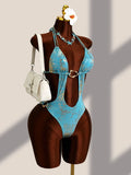 Sexy Blue Brozing Gradient One Piece Swimsuit Holiday Swimwear Women 2026 Metal Chain Hollow Out Backless Bandage Thong Bikini