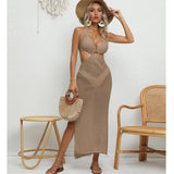 Women's Sexy Binding Rope Deep V Beach Cover-Up Knitting Halter Tunic Long Dress See-Through Summer Holiday Casual Beachwear