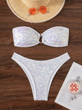 DEKA Gold Shiny Bandeau Bikini Set 2025 Women Sequin Front Ring Push Up Micro Swimsuit Summer Bathing Suit Thong Swimwear Biquin