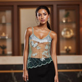 Women Sleeveless Spaghetti Strap Sheer Camisole Fashion Beaded Sequin Butterfly Cami Tops Summer Crop Tops