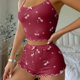 Women's Heart Print Sexy Ribbed Bow Decor Pajama Set, Round Neck Backless Comfortable Crop Cami Top & Shorts, Summer Nightwear
