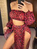 2026 Leopard Off Shoulder Long Sleeve 2 Pieces Set Beach Cover Up Cover-ups Beach Dress Beach Wear Beachwear Female Women V3728