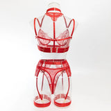 Toucheart 5 Piece Sexy Embroidery Underwear Set for Women Mesh Patchwork See-through Halter Underwear Garters Sexy Lingerie Set
