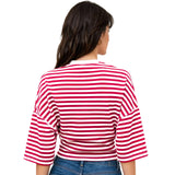 Women Summer Fashion Casual Elbow Sleeve T-Shirts Stripe Cinched Waist Crew Neck Tops Streetwear