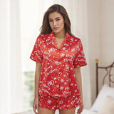 Women's Christmas 2 Pieces Lounge Set Short Sleeve Lapel Pumpkin Print Shirt Shorts Satin Sleepwear