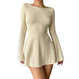 Women Spring Autumn Mini Dress Long Sleeve Crew Neck Backless Solid Color A-line Dress for Party Club