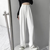 Women High Waist Straight Wide Leg Pants Solid Color Suit Pants Elastic Slant Pockets Loose Office Trousers