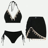 Vintage Black Starfish Shell Ornament Bikini Set 2026 Women Tassel Skirt 3 Piece Swimsuit Summer Bathing Suit Holiday Swimwear
