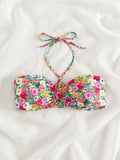 Sexy Floral Printed Halter Lace Up Bikini Female Swimsuit Women Swimwear Two-pieces Bikini set Bather Bathing Suit Swim K5026