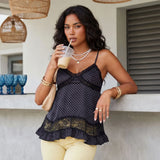 Women's Summer Dot Print Camisole Elegant Lace Patchwork Sleeveless V Neck Slim Fit Spaghetti Strap Tank Tops