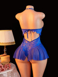 Adult Erotic Bodysuit Lace Hanging Collar Deep V-neck Semi Transparent Women Sexy Lingerie Crotchless Hot Underwear