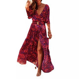 Spring Summer Printed Dress Short Sleeved Deep V-neck Slimming Waist Long Dresses Temperament Slit Dresses Vestidos Para Mujer