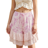 Women's Summer Bloomer Shorts Knee Length Floral Print Drawstring Elastic Waist Lace Trim Patchwork Casual Coquette Shorts