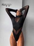 Ahagaga Sexy Mesh Women's Bodysuits See Through Skinny Turtleneck Solid Regular Long Sleeves Slim Fit Streetwear Rompers T Shirt