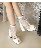 White Polka Dot Mesh Peep Toe Chunky Block Heel Platform Back Zipper Ankle Sandal Boots for Women