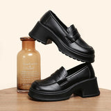 Brown Pu Leather Platform Loafers for Women British Style Round Toe Thick Heel Pumps Woman Slip On High Heels Office Shoes Lady