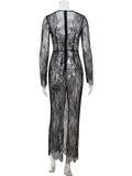 Ahagaga Sexy Club Dresses For Women Lace Solid Sheath Rehular Long Sleeves V-Neck Sheer Slim Fit Maxi Bodycon Female Vestidos