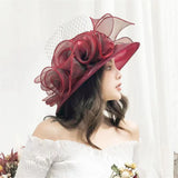 Women Organza Hat 3D Flower Wide Brim Top Hat French Sun Caps for Church Tea Party Wedding