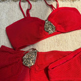 With Skirt Wrinkled Bandeau Bikini Female Swimsuit Women Swimwear Three-pieces Bikini Set Metal Ring Bathing Suit Swim Beachwear