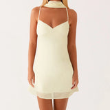 Women Fashion Floral Print/Solid Color Sleeveless Back Bandage Cami Dresses Summer Backless Mini Dress with Choker Scarf