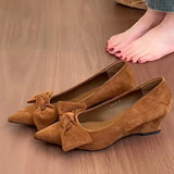 Vintage Suede Bow Wedge Single Femininity Commuter Mary Jane