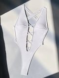 Sexy Solid Cross Backless Swimsuit One Piece Bikini Thong Swimwear Bodysuits Women Biquini Bathing Suits Black and White 2 Color
