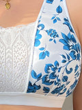 Full coverage large size bra without underwire, ultra-thin summer style adjustable anti-sagging sexy comfortable blue floral lac