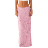 Women Summer Long Skirt for Beach Party Club Sequin Floral Embroidery Loose Fit Straight Skirt Casual Elegant Streetwear