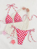 Sexy Pink Plaid Micro Bikini 2026 Women Halter Push Up Bra Tie Side Thong Swimsuit Brazilian Beach Bathing Suit Swimwear Biquini