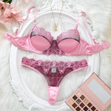 Sexy Pink Floral Lace Bra Thong Set Women Satin Trim Padded Underwire 2‑Piece Sheer Mesh Intimate Lingerie Sleepwear ZA825289