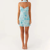 Women's Summer Sequined Flower Embroidery Beaded Bodycon Mini Dress Sleeveless Spaghetti Strap V Neck Night Out Dress with Scarf