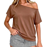 Women Off Shoulder T-shirt Loose Fit Short Sleeve Boat Neck Going Out Tops Casual Summer Shirts Streetwear