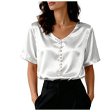Women's Satin Short Sleeve T Shirt With Pearl Buttons Solid Color V Neck Loose Fit Elegant Office Lady Tees Summer Commuter Top