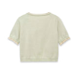 Women's Fashion Short Sleeve Round Neck Bow Lace Knit Solid Color Light Green Lace Trim Front Short Sleeve Knit Casual Top MDTM