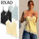 HXAO 2025 Woman Asymmetrical Slip Top Women Sexy Black Yellow Blue Top Lace Tanks & Camis Chic Y2K Sleeveless Backless Camisole