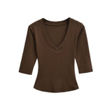 New Pure Desire Casual Style T-Shirt Hot Girl Sexy V-Neck Wool Lyocell Stretch Slim Fit Mid-Sleeve Solid Color Thin T-Shirt WLOC