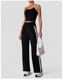 New Contrasting Striped Yoga Sets Women Hanging Neck Slim Sports Vest Gym Outfits High Waist Pocket Pants Running Fitness Suits