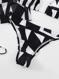 New Summer Women Geometric Print 3 Pieces Swimsuit Drawstring Mesh Bodysuit+Micro Bikini Swimwear Push Up Bathing Suit Beachwear