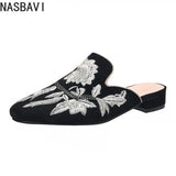 NASBAVI Fashion 3d Embroidery Mules Women Fur Slippers Velvet Shoes Ladies Low Heel Flower Decoration Sandals Women's Flip Flops