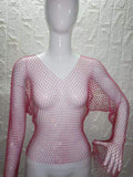 Women Rhinestone Fishnet T-shirt Solid Color Long Sleeve Crop Tops See Through Hollow Out Sexy Shirts Female Smock Tops